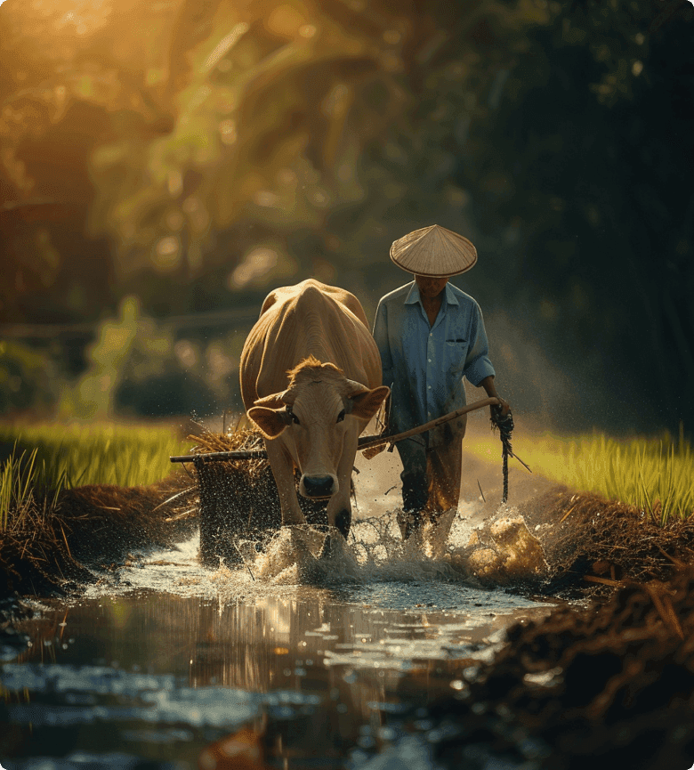 Farmer working in agricultural field with oxen